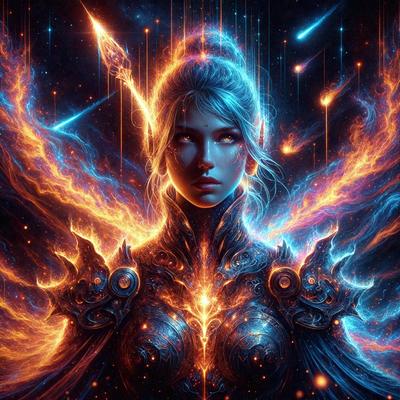 The primary subject of the image is a woman with a glowing heart, who appears to be a fantasy or mythical creature. She is wearing a black dress and has a glowing heart on her chest. The setting is a dark, celestial background with stars and a blue sky. The visual style is a digital art or illustration, creating a surreal and magical atmosphere. The colors are predominantly dark and blue, with the glowing heart adding a touch of warmth and light to the